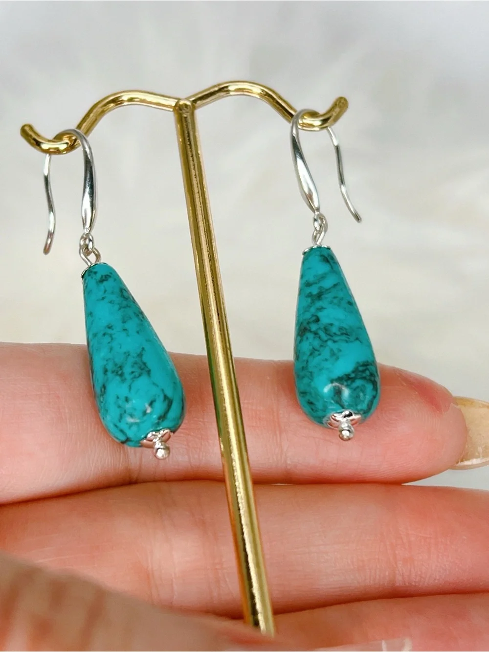 Silver hook Turquoise 1.75” earrings teardrop dangle blue